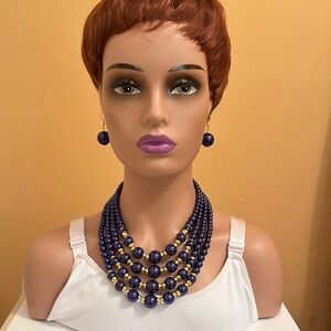 Elegant Blue and Gold Beaded Statement Necklace Set